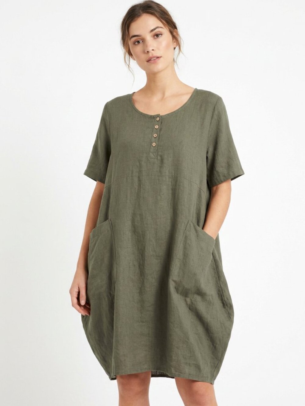 Minibee Linen Blend Over Sized Pockets Midi Dress